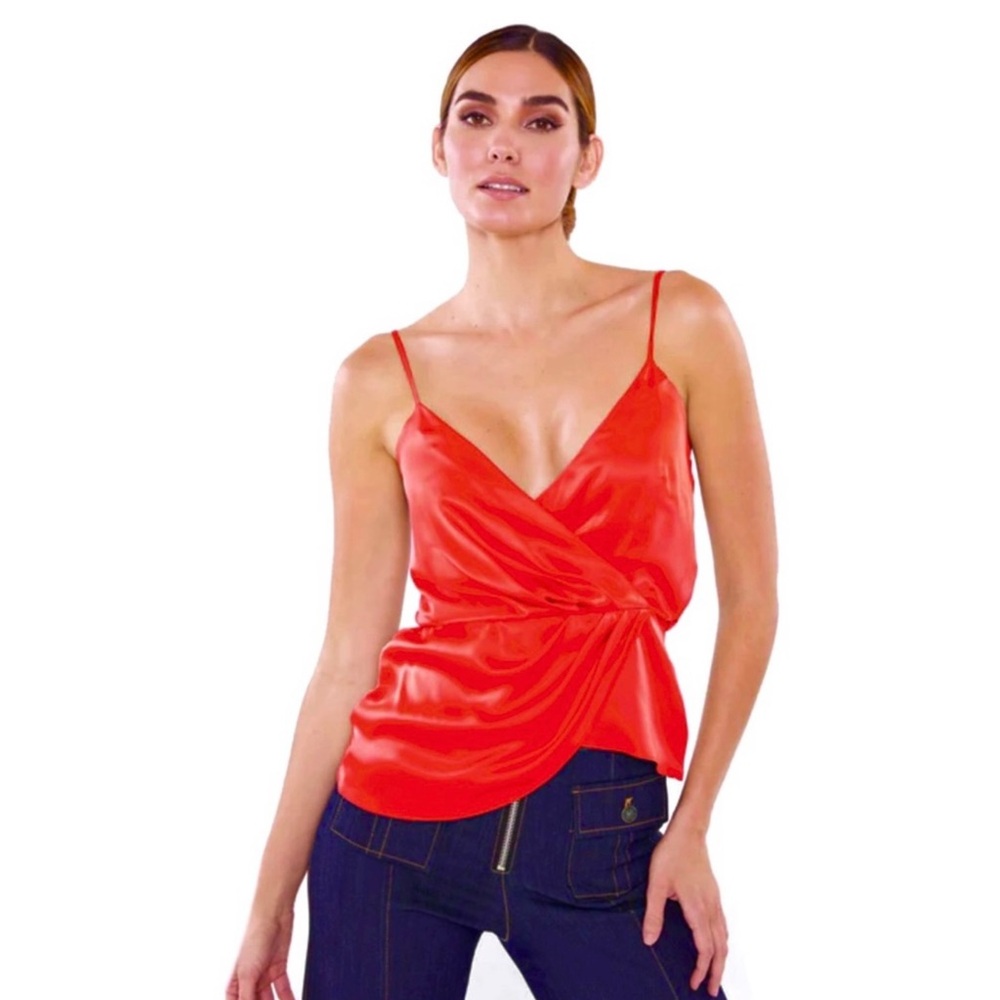 NEW CINQ A SEPT RED DRAPED SILK TOP
